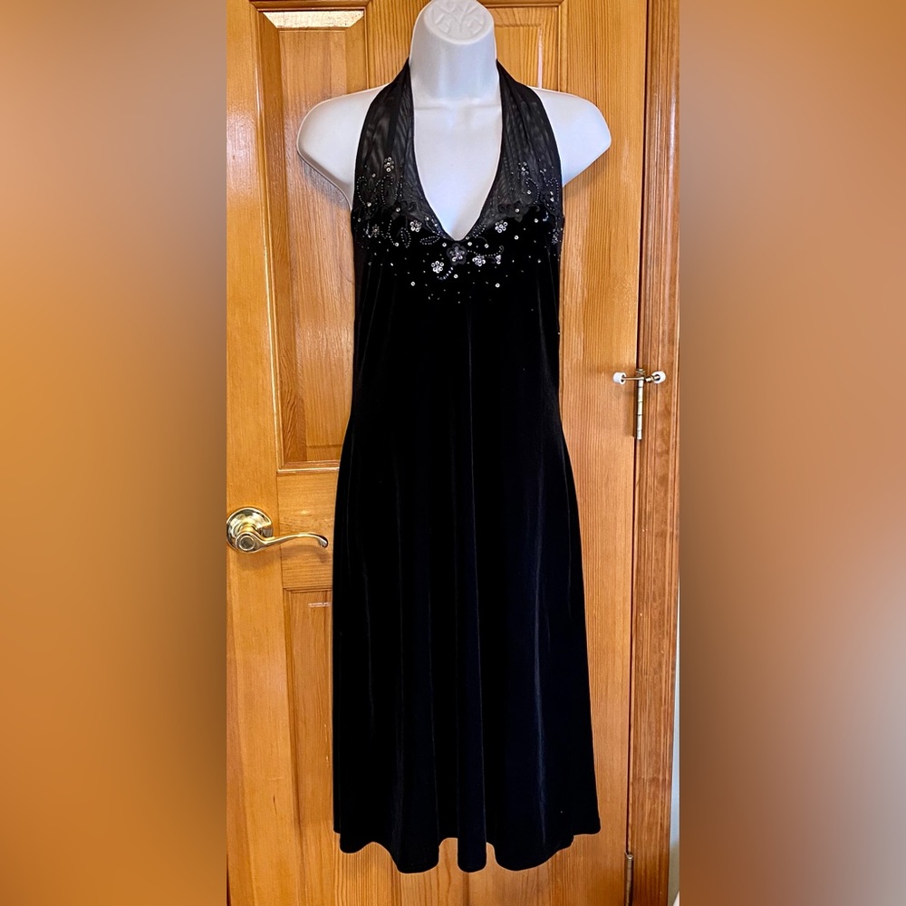 Sexy black low cut halter dress with beading in the front, size 12